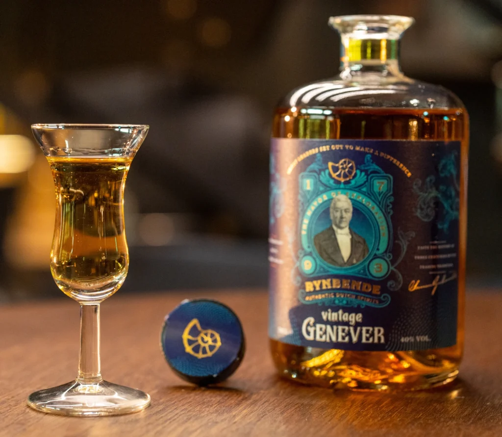 Rynbende vintage genever bottle, cork and tulp glass on bar