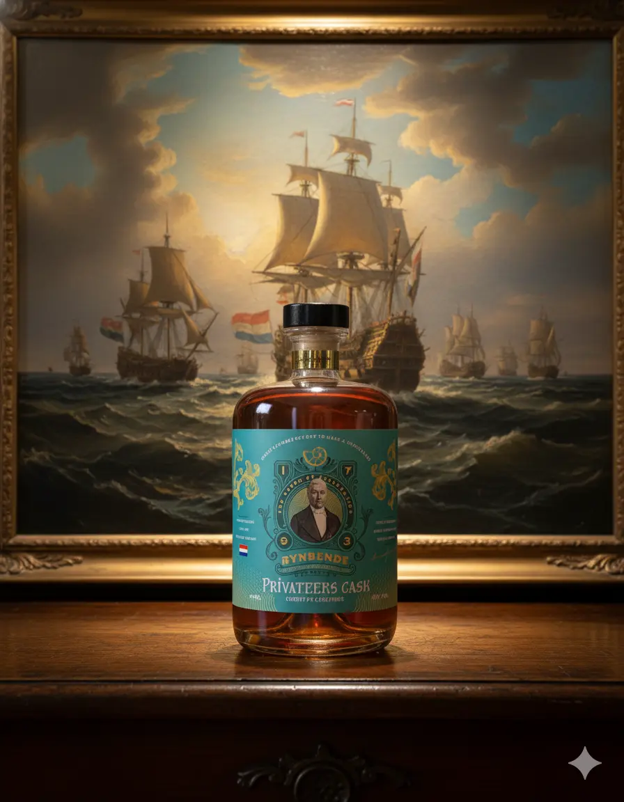 Rynbende Privateer's cask bottle before a traditional dutch painting